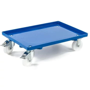 Szállító kocsi 600 x 400 mm, zárt, 4 beálló görgő műanyag kerekekkel (2 fékkel), kék színű.