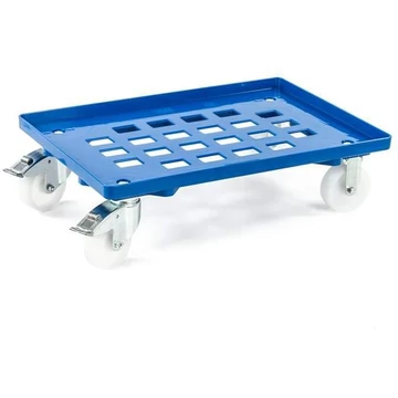 Szállító kocsi 600 x 400 mm, rácsfelülettel, 4 beálló görgő műanyag kerekekkel (2 fékkel), kék színű.