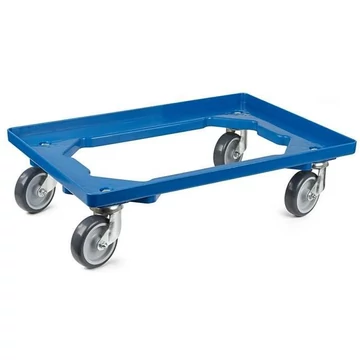 Szállító kocsi 600 x 400 mm, nyitott, 4 beálló görgő gumi futófelülettel, kék színű.