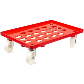 Szállító kocsi 600 x 400 mm, rácsfelülettel, 4 beálló görgő műanyag kerekekkel, piros színű