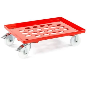 Szállító alváz 600 x 400 mm, rácsfelülettel, 4 beálló görgő műanyag kerekekkel (2 fékkel), piros szín