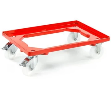 Szállító kocsi 600 x 400 mm, nyitott, 4 beálló görgő (2 fékkel) műanyag kerekekkel, piros színű