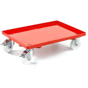 Szállító kocsi 600 x 400 mm, zárt, 4 beálló görgő műanyag kerekekkel (2 fékkel), piros színű