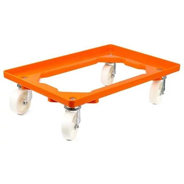 Szállító kocsi 600 x 400 mm, nyitott, 4 beálló görgő műanyag kerekekkel, narancssárga színű