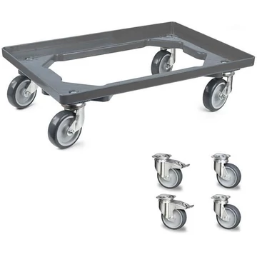 Szállító kocsi 600 x 400 mm, nyitott, 4 beálló görgő gumi futófelülettel (2 fékkel), szürke színű