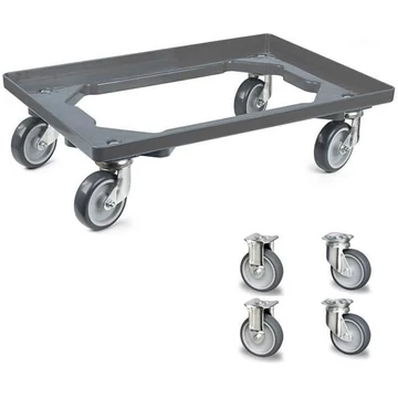 Szállító kocsi 600 x 400 mm, nyitott, 2 beálló és 2 fix görgő gumi futófelülettel, szürke színű