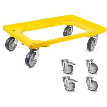 Szállító kocsi 600 x 400 mm, nyitott, 4 beálló görgő gumi futófelülettel (2 fékkel), sárga színű