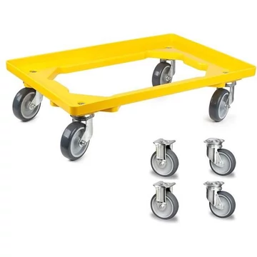 Szállító kocsi 600 x 400 mm, nyitott, 2 beálló és 2 fix görgő gumi futófelülettel, sárga színű