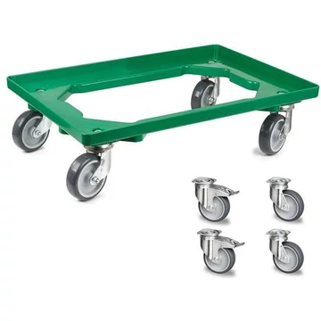 Szállító kocsi 600 x 400 mm, nyitott, 4 beálló görgő gumi futófelülettel (2 fékkel), zöld színű