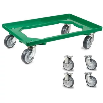 Szállító kocsi 600 x 400 mm, nyitott, 2 beálló és 2 fix görgő gumi futófelülettel, zöld színű