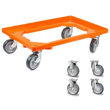 Szállító kocsi 600 x 400 mm, nyitott, 2 beálló és 2 fix görgő gumikerékkel, narancssárga színű