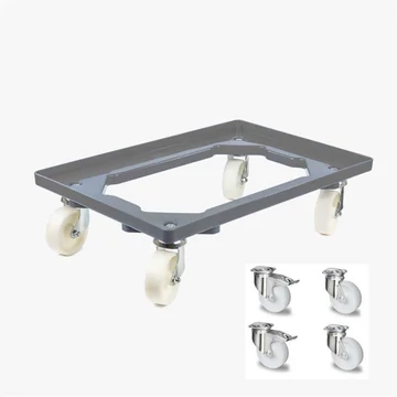 Szállító kocsi 600 x 400 mm, nyitott, 4 beálló görgő (2 fékkel) műanyag kerekekkel, szürke színű