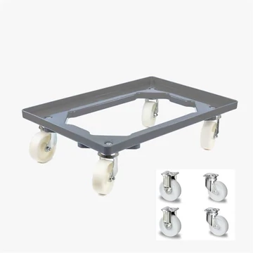 Szállító kocsi 600 x 400 mm, nyitott, 2 beálló és 2 fix görgő műanyag kerekekkel, szürke színű