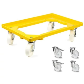 Szállító kocsi 600 x 400 mm, nyitott, 4 beálló görgő (2 fékkel) műanyag kerekekkel, sárga színű