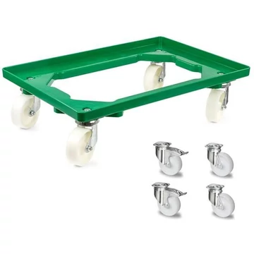 Szállító kocsi 600 x 400 mm, nyitott, 4 beálló görgő (2 fékkel) műanyag kerekekkel, zöld színű