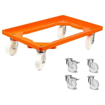 Szállító alváz 600 x 400 mm, nyitott, 4 beálló görgő (2 fékkel) műanyag kerekekkel, narancssárga színű