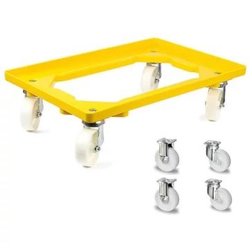 Szállító kocsi 600 x 400 mm, nyitott, 2 beálló és 2 fix görgő műanyag kerekekkel, sárga színű