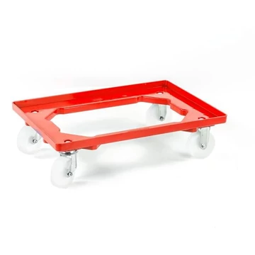 Szállító kocsi 600 x 400 mm, nyitott, 2 beálló és 2 fix görgő műanyag kerekekkel, piros színű