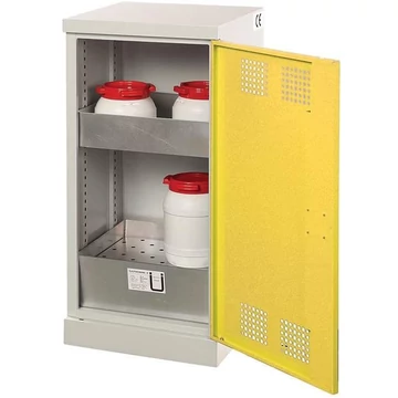 Vegyi szekrény, egyajtós, alsó tálca + 1 felfogótálcás polc, sz x mé x ma: 500x500x1000 mm, az ajtó színe sárga