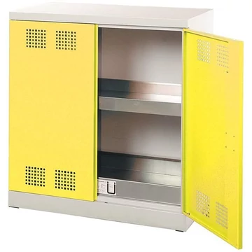 Vegyszeres szekrény, kétajtós, alsó tálca + 1 felfogótálcás polc, szélesség x mélység x magasság: 950x500x1000 mm, az ajtó színe sárga RAL1023