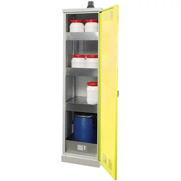 Vegyszeres szekrény, egyajtós, alsó tálca + 3 felfogótálcás polc, sz x mé x ma: 500x500x1950 mm, az ajtó színe sárga RAL1023