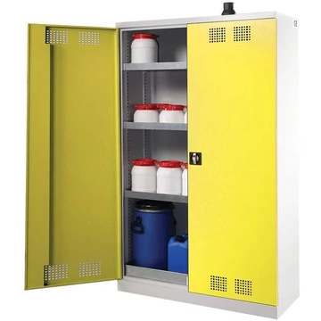 Vegyi szekrény, kétajtós, alsó tálca + 3 felfogótálcás polc, szélesség x mélység x magasság: 950x500x1950 mm, ajtó színe sárga RAL1023