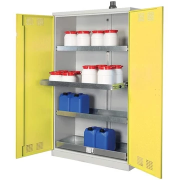 Vegyipari szekrény, alsó tálca + 3 kihúzható tálca polc, sz x mé x ma: 1200x500x1950 mm, az ajtó színe sárga RAL1023
