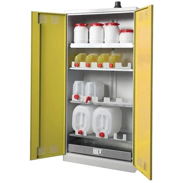 Vegyipari szekrény, 3 kihúzható polc kannáknak + alsó tálca, sz x mé x ma: 950x550x1950 mm, az ajtó színe sárga RAL1023