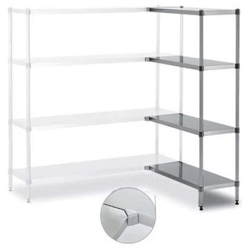 Rozsdamentes acél csavar nélküli, dugaszolható állvány, 4 sima polc, ma x sz x mé: 1800x800x400 mm, sarok kiegészítő polc a jobb oldalon