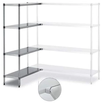 Rozsdamentes acél csavar nélküli, dugaszolható állvány, 4 sima polc, ma x sz x mé: 1800x800x400 mm, sarok kiegészítő polc a bal oldalon