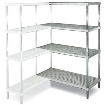 Rozsdamentes acél csavar nélküli, dugaszolható állvány, 4 perforált PP polc, ma x sz x mé: 2000x1500x400 mm, toldalék állvány