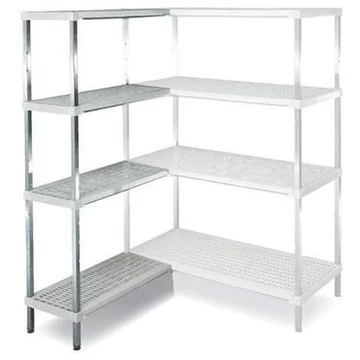 Rozsdamentes acél csavar nélküli, dugaszolható állvány, 4 perforált PP polc, ma x sz x mé: 1800x800x400 mm, sarok kiegészítő polc a bal oldalon