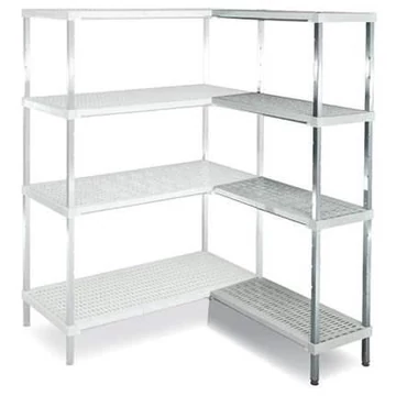 Rozsdamentes acél csavar nélküli, dugaszolható állvány, 4 perforált PP polc, ma x sz x mé: 1800x800x400 mm, sarok kiegészítő polc a jobb oldalon