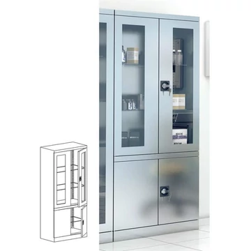 Rozsdamentes acél szekrény, kétrészes, üvegezett, dupla szárnyas ajtók, ma x sz x mé: 1800 x 800 x 435 mm