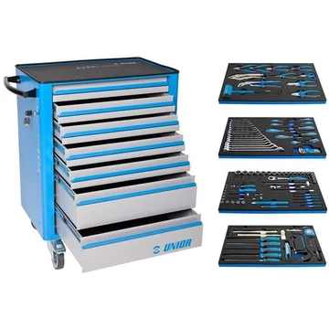 Szervizkocsi EUROVISION, sz x mé x ma: 800x440x923 mm, 7 fiók és 4x UNIOR kéziszerszámkészlet, 127 cikk