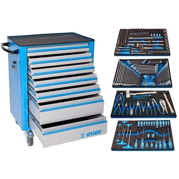 Szervizkocsi EUROVISION, sz x mé x ma: 800x440x923 mm, 7 fiók és 4x UNIOR kéziszerszámkészlet, 191 db.