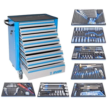 Szervizkocsi EUROVISION, sz x mé x ma: 800x440x923 mm, 8 fiók és 7x UNIOR kéziszerszámkészlet, 208 db.