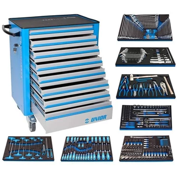 Szervizkocsi EUROVISION, sz x mé x ma: 800x440x923 mm, 8 fiók és 7x UNIOR kéziszerszámkészlet, 324 db.