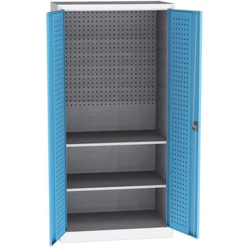 Szerszámszekrény, ma x sz x mé: 1950 x 950 x 600 mm, perforált panelekkel, 2 x polccal, világosszürke RAL7035 / világoskék RAL5012