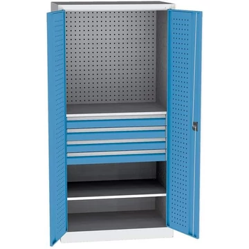 Szerszámos szekrény, ma x sz x mé: 1950 x 950 x 600 mm, perforált panelekkel, 2 polccal, 4 fiókkal, világosszürke RAL7035 / világoskék RAL5012