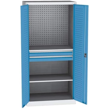 Szerszámszekrény, ma x sz x mé: 1950 x 950 x 600 mm, perforált panelekkel, 2 polccal, 2 fiókkal, világosszürke RAL7035 / világoskék RAL5012