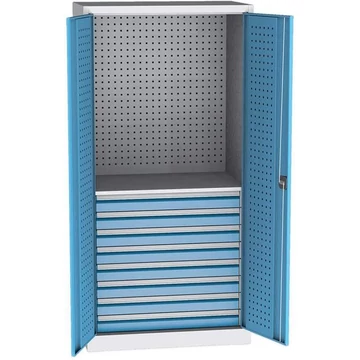 Szerszámos szekrény, ma x sz x mé: 1950 x 950 x 600 mm, perforált panelekkel, 1 polc, 8 fiók, világosszürke RAL7035 / világoskék RAL5012