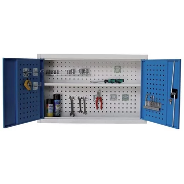 Függesztett szerszámszekrény, ma x sz x mé: 600 x 950 x 200 mm, perforált panelekkel, 1 polc, világosszürke RAL7035 / világoskék RAL5012