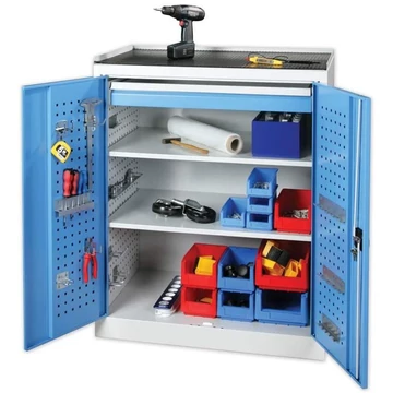 Szerszámszekrény, ma x sz x mé: 1180 x 950 x 600 mm, perforált panelekkel, 2 polccal, 1 fiókkal, világosszürke RAL7035 / világoskék RAL5012