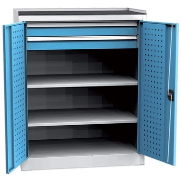 Szerszámszekrény, ma x sz x mé: 1180 x 950 x 600 mm, perforált panelekkel, 2 polccal, 2 fiókkal, világosszürke RAL7035 / világoskék RAL5012