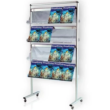 Prospektus állvány, kétoldalas, 32 x A4, alumínium konstrukció, akrilüveg polcok