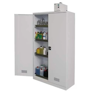 Vegyi szekrény szellőzőcsatlakozással, ma x sz x mé: 1970 x 1200 x 530 mm, szürke, padlólemez, polc nélkül