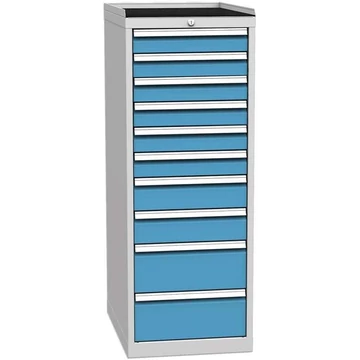 Fiókos műhelyszekrény, 10 x fiók, ma x sz x mé: 1350 x 500 x 700 mm, szürke színű RAL7035 / kék RAL5012