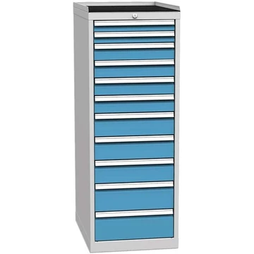 Fiókos műhelyszekrény, 11 x fiók, ma x sz x mé: 1350 x 500 x 700 mm, szín: szürke RAL7035 / kék RAL5012