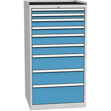Fiókos műhelyszekrény, 9 x fiókos, ma x sz x mé: 1350 x 720 x 700 mm, szín szürke RAL7035 / kék RAL5012